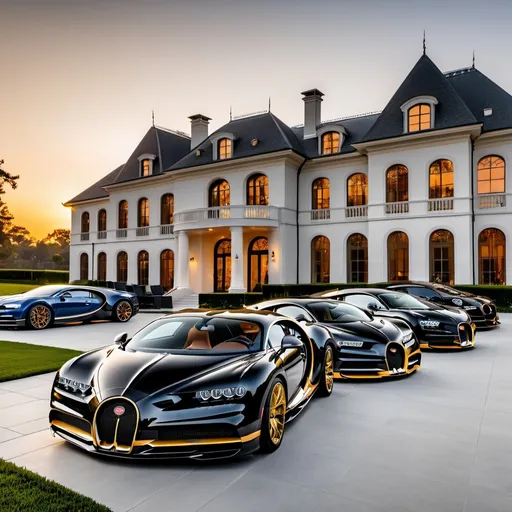 Prompt: Eight black mix with golden Bugatti Chiron Super Sport 300+ parking next to each other in a row in a massive yard of a luxurious and modern mansion. Sunset