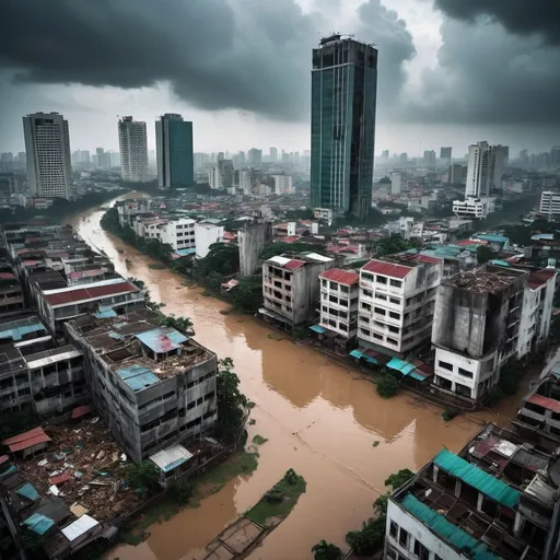 Prompt: (dramatic scene of an extremely destroyed city), (badly damaged skyscrapers), (smashing debris everywhere), (rotting human corpses), (headless human bodies, entrails hanging out), (startling horror, blood-soaked buildings), eerie atmosphere, dense overcast sky, heavy rain pouring down, haunting silence, (ultra-detailed, high-resolution), unsettling and grim mood. Ho Chi Minh city