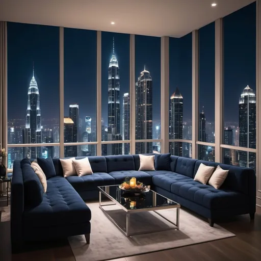 Prompt: modern and beautiful metropolis, (luxurious balcony with a set of couch and table), nighttime setting, (striking city skyline), illuminated skyscrapers glistening under the stars, vibrant neon lights reflecting off glass buildings, deep navy black sky, (tranquil atmosphere), ultra-detailed, with a sense of grandeur and elegance, (luxuriant ambiance), soft ambient lighting emphasizing architectural details. Lots of extremely tall and modern skyscrapers with lights. 