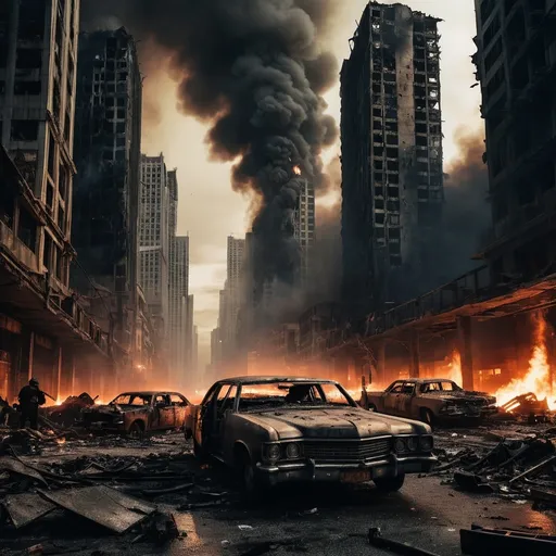 Prompt: A really badly destroyed city, skyscrapers are torn apart and on fire, destroyed cars laying everywhere, it is at night, no lights are on because the buildings are destroyed really badly, guys with masks and rifles walking around.