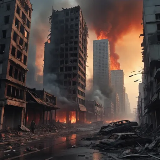 Prompt: Extremely destroyed city, badly destroyed skyscrapers, road, smashed buildings at the sides. Rotting human corpses all over the place, headless, entrails hanging out, terror, gore, bloody buildings, lots of skyscrapers. Fire burning all over, eerie atmosphere, slightly bright sky.