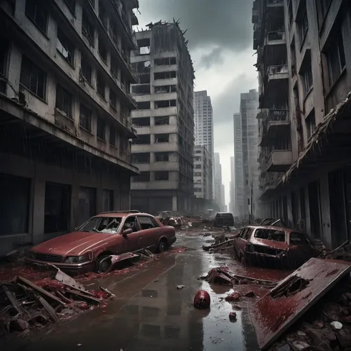 Prompt: (dramatic scene of an extremely destroyed city), (badly damaged skyscrapers), (smashing debris everywhere), (rotting human corpses), (headless human bodies, entrails hanging out), (startling horror, blood-soaked buildings), eerie atmosphere, dense overcast sky, heavy rain pouring down, haunting silence, (ultra-detailed, high-resolution), unsettling and grim mood.