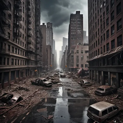 Prompt: (dramatic scene of an extremely destroyed city), (badly damaged skyscrapers), (smashing debris everywhere), (rotting human corpses), (headless human bodies, entrails hanging out), (startling horror, blood-soaked buildings), eerie atmosphere, dense overcast sky, heavy rain pouring down, haunting silence, (ultra-detailed, high-resolution), unsettling and grim mood. New York 