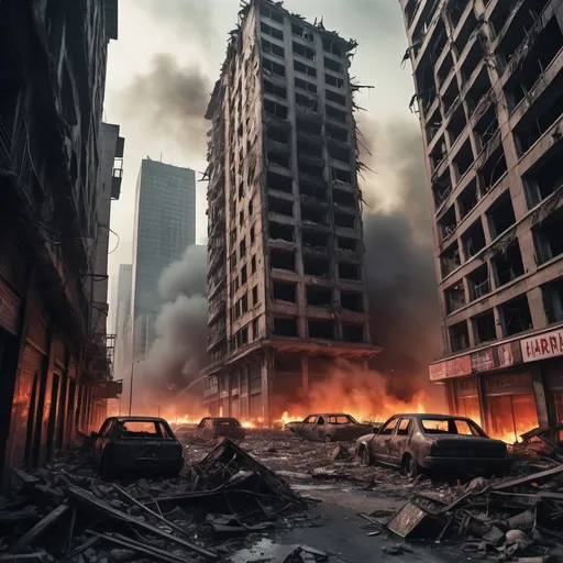 Prompt: Extremely destroyed city, badly destroyed skyscrapers, road, smashed buildings at the sides. Rotting human corpses all over the place, headless, entrails hanging out, terror, gore, bloody buildings, lots of skyscrapers. Fire burning all over.