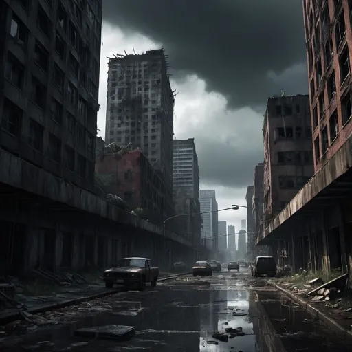 Prompt: (misc-dystopian style), Extremely destroyed cityscape, ominously dark color scheme, tattered skyscrapers, shattered roads, blood-soaked ruins, rotting human corpses, horrifying details (headless, entrails hanging out), spine-chilling atmosphere, heavy rain, foreboding dark sky, horror aesthetics, echoes of terror, vivid gore, overwhelming eeriness, reminiscent of Last of Us, ultra-detailed, high quality, cinematic depth.