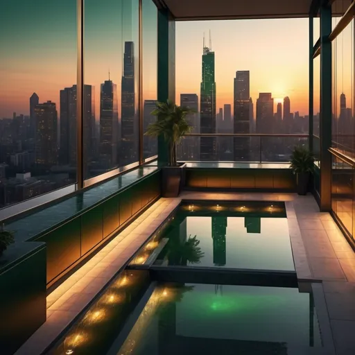 Prompt: (A massive, luxurious penthouse), modern architecture, (dark green exterior), sunset ambiance, city skyline backdrop, warm golden hues filling the sky, sleek glass windows reflecting light, urban elegance, high-rise buildings surrounding, rich textures exuding opulence, inviting atmosphere, (highly detailed), 4K quality, captivating colors, architectural beauty.