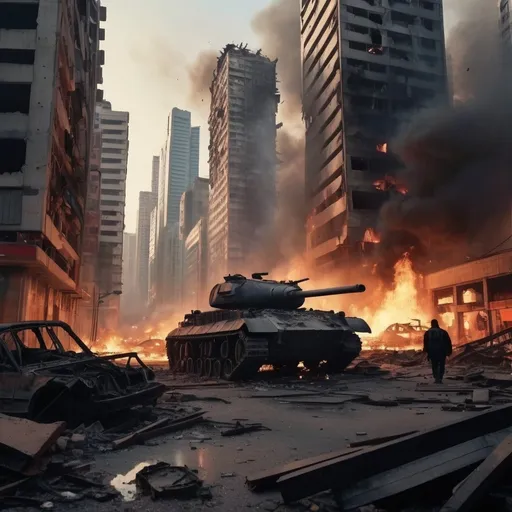 Prompt: A really badly destroyed city, skyscrapers are torn apart and on fire, destroyed cars laying everywhere, it is at night, no lights are on because the buildings are destroyed really badly, guys with masks and rifles walking around. A huge, destroyed tank in front of the picture 