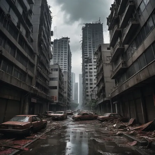 Prompt: Extremely destroyed city, badly destroyed skyscrapers, road, smashed buildings at the sides. Rotting human corpses all over the place, headless, entrails hanging out, terror, gore, bloody buildings, lots of skyscrapers, eerie atmosphere, dark sky, raining heavily, Last of us vibe, Tokyo.