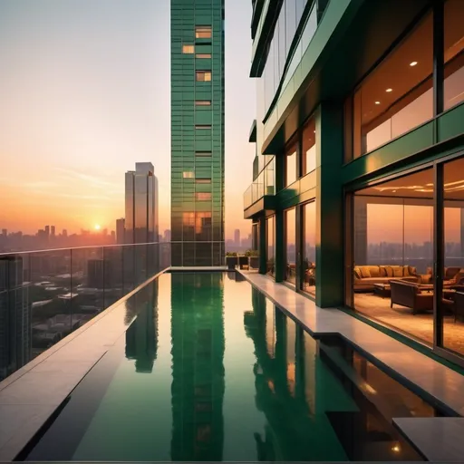 Prompt: (A massive, luxurious penthouse), modern architecture, (dark green exterior), sunset ambiance, city skyline backdrop, warm golden hues filling the sky, sleek glass windows reflecting light, urban elegance, high-rise buildings surrounding, rich textures exuding opulence, inviting atmosphere, (highly detailed), 4K quality, captivating colors, architectural beauty.