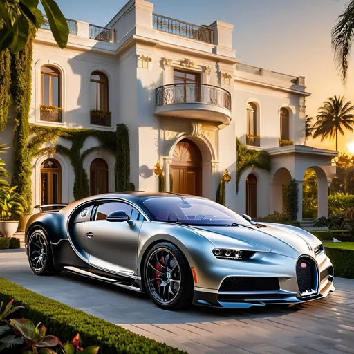 Prompt: Five black mix with silver Bugatti Chiron Super Sport 300+ parking next to each other in a row in a massive yard of a luxurious and modern mansion. Sunset