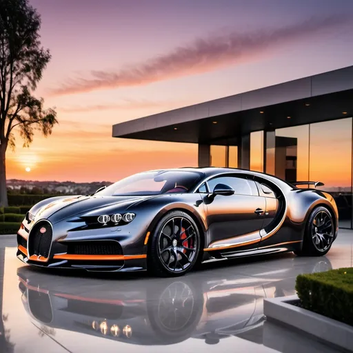 Prompt: Five black mix with silver Bugatti Chiron Super Sport 300+ parking next to each other in a row in a massive yard of a luxurious and modern penthouse. Sunset