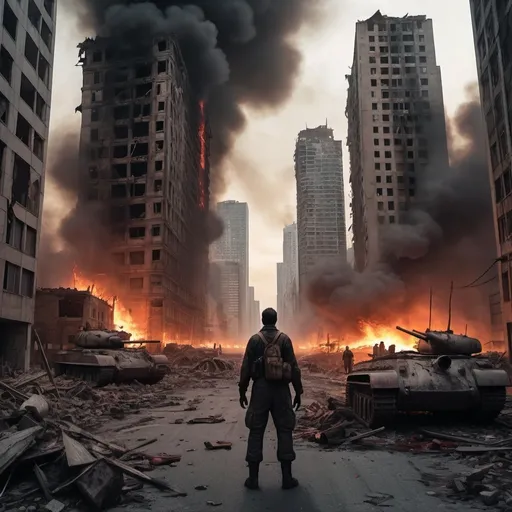 Prompt: Extremely destroyed city, badly destroyed skyscrapers, road, smashed buildings at the sides. Rotting human corpses all over the place, headless, entrails hanging out, terror, gore, bloody buildings, lots of skyscrapers. Fire burning all over, eerie atmosphere, slightly bright sky, an armed man standing from afar next to a destroyed tank.