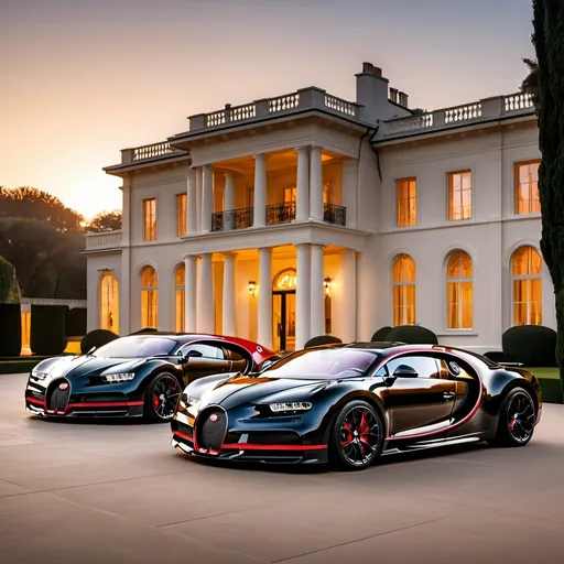 Prompt: Five black mix with red Bugatti Chiron Super Sport 300+ parking next to each other in a row in a massive yard of a luxurious and modern mansion. Sunset