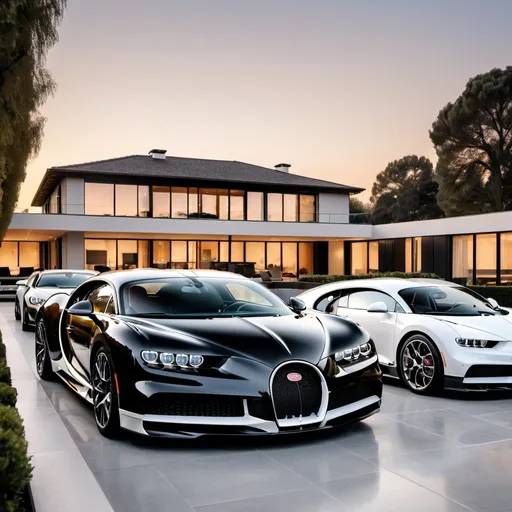 Prompt: Five black mix with white Bugatti Chiron Super Sport 300+ parking next to each other in a row in a massive yard of a luxurious and modern penthouse. Sunset