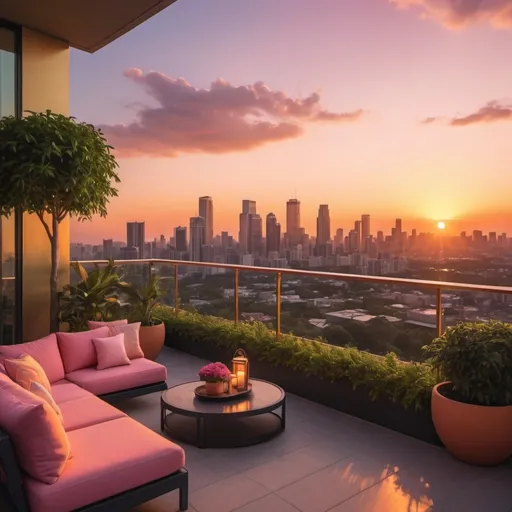 Prompt: (vibrant sunset), a stunning modern city skyline illuminated by warm hues of orange and pink, viewed from a massive, elegantly designed balcony, luxurious outdoor furniture, lush greenery, and stylish decor, atmospheric and serene, soft golden light spilling over the edge, ultra-detailed, 4K, cinematic composition, captivating depth and perspective.