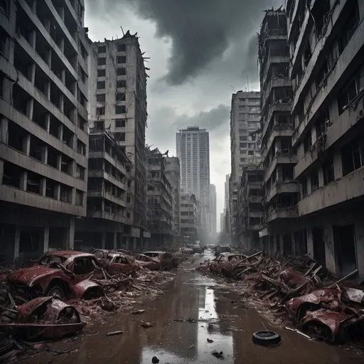 Prompt: (dramatic scene of an extremely destroyed city), (badly damaged skyscrapers), (smashing debris everywhere), (rotting human corpses), (headless bodies, entrails hanging out), (startling horror, blood-soaked buildings), eerie atmosphere, dense overcast sky, heavy rain pouring down, haunting silence, (ultra-detailed, high-resolution), unsettling and grim mood.