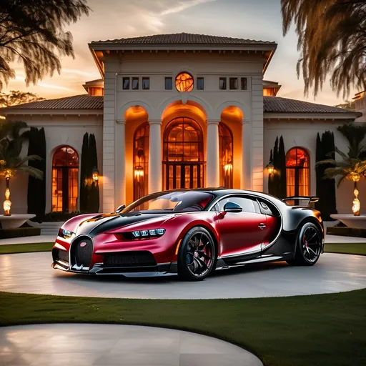 Prompt: Five black mix with red Bugatti Chiron Super Sport 300+ parking next to each other in a row in a massive yard of a luxurious and modern mansion. Sunset