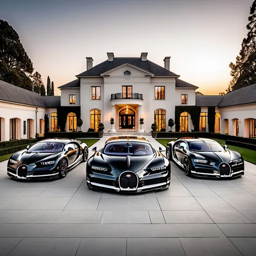 Prompt: Five black mix with silver Bugatti Chiron Super Sport 300+ parking next to each other in a row in a massive yard of a luxurious and modern mansion. Sunset