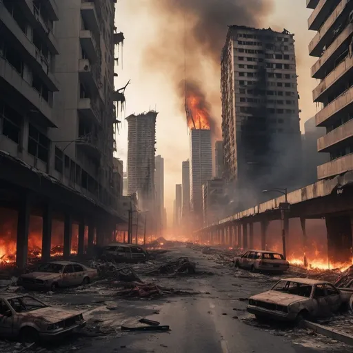 Prompt: Extremely destroyed city, badly destroyed skyscrapers, road, smashed buildings at the sides. Rotting human corpses all over the place, headless, entrails hanging out, terror, gore, bloody buildings, lots of skyscrapers. Fire burning all over, eerie atmosphere, slightly bright sky.