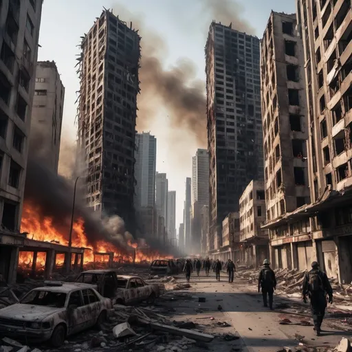 Prompt: Extremely destroyed city, badly destroyed skyscrapers, road, smashed buildings at the sides. Rotting human corpses all over the place, headless, entrails hanging out, terror, gore, bloody buildings, lots of skyscrapers. Fire burning all over, heavily armed people walking around.