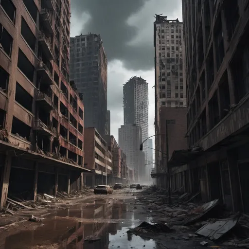 Prompt: Extremely destroyed city, badly destroyed skyscrapers, road, smashed buildings at the sides. Rotting human corpses all over the place, headless, entrails hanging out, terror, gore, bloody buildings, lots of skyscrapers, eerie atmosphere, dark sky, raining heavily, Last of us vibe, Texas.