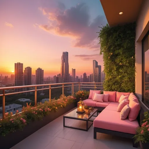 Prompt: (vibrant sunset), a stunning modern city skyline illuminated by warm hues of orange and pink, viewed from a massive, elegantly designed balcony, luxurious outdoor furniture, lush greenery, and stylish decor, atmospheric and serene, soft golden light spilling over the edge, ultra-detailed, 4K, cinematic composition, captivating depth and perspective.