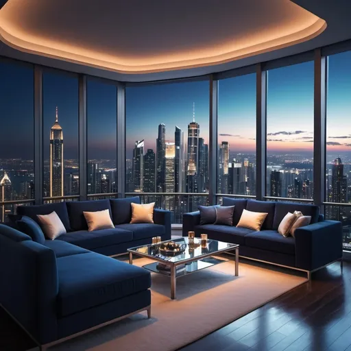 Prompt: modern and beautiful metropolis, (luxurious balcony with a set of couch and table), nighttime setting, (striking city skyline), illuminated skyscrapers glistening under the stars, vibrant neon lights reflecting off glass buildings, deep navy blue sky, (tranquil atmosphere), ultra-detailed, with a sense of grandeur and elegance, (luxuriant ambiance), soft ambient lighting emphasizing architectural details. Lots of  extremely tall and modern skyscrapers with lights.