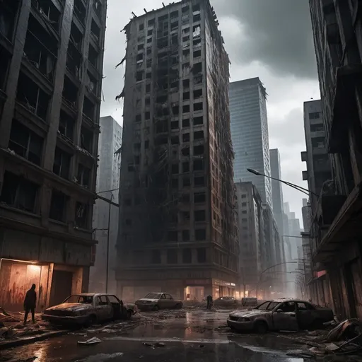 Prompt: Extremely destroyed city, badly destroyed skyscrapers, road, smashed buildings at the sides. Rotting human corpses all over the place, headless, entrails hanging out, terror, gore, bloody buildings, lots of skyscrapers, eerie atmosphere, dark sky, raining heavily, Last of us vibe.