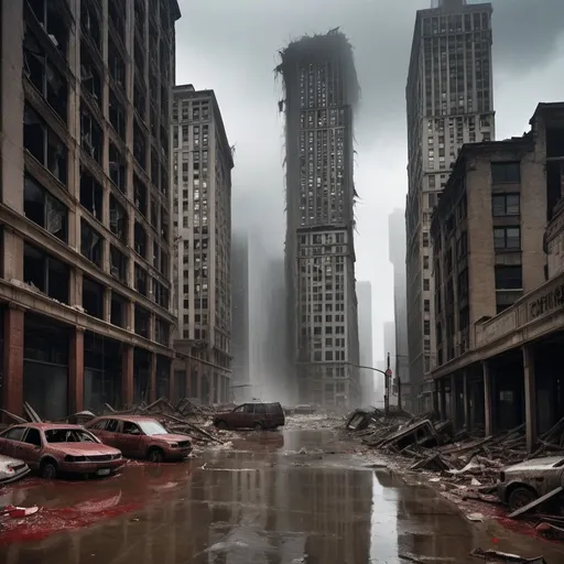 Prompt: (dramatic scene of an extremely destroyed city), (badly damaged skyscrapers), (smashing debris everywhere), (rotting human corpses), (headless human bodies, entrails hanging out), (startling horror, blood-soaked buildings), eerie atmosphere, dense overcast sky, heavy rain pouring down, haunting silence, (ultra-detailed, high-resolution), unsettling and grim mood. Chicago