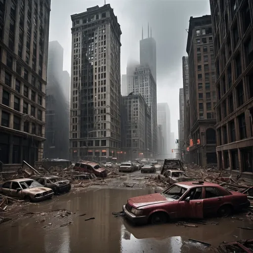 Prompt: (dramatic scene of an extremely destroyed city), (badly damaged skyscrapers), (smashing debris everywhere), (rotting human corpses), (headless human bodies, entrails hanging out), (startling horror, blood-soaked buildings), eerie atmosphere, dense overcast sky, heavy rain pouring down, haunting silence, (ultra-detailed, high-resolution), unsettling and grim mood. Chicago