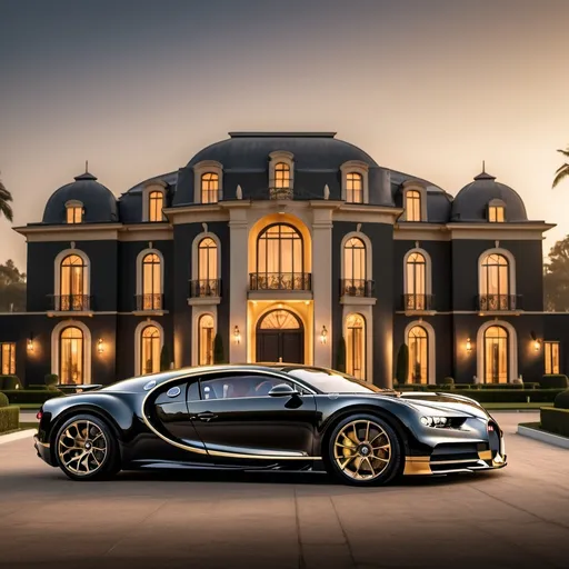 Prompt: Eight black mix with golden Bugatti Chiron Super Sport 300+ parking next to each other in a row in a massive yard of a luxurious and modern mansion. Sunset