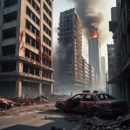 Prompt: Extremely destroyed city, badly destroyed skyscrapers, road, smashed buildings at the sides. Rotting human corpses all over the place, headless, entrails hanging out, terror, gore, bloody buildings, lots of skyscrapers. Fire burning all over, heavily armed people walking around.