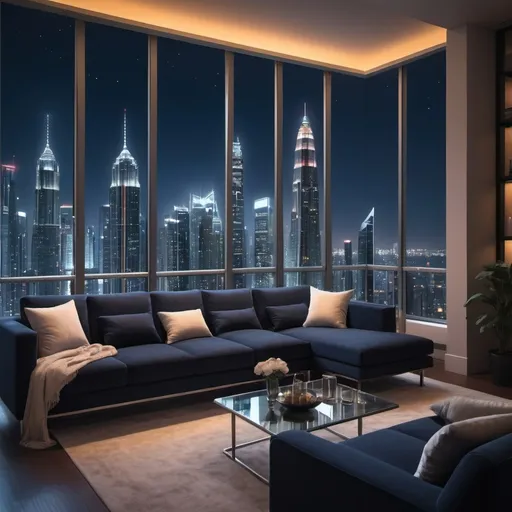 Prompt: modern and beautiful metropolis, (luxurious balcony with a set of couch and table), nighttime setting, (striking city skyline), illuminated skyscrapers glistening under the stars, vibrant neon lights reflecting off glass buildings, deep navy black sky, (tranquil atmosphere), ultra-detailed, with a sense of grandeur and elegance, (luxuriant ambiance), soft ambient lighting emphasizing architectural details. Lots of extremely tall and modern skyscrapers with lights. 