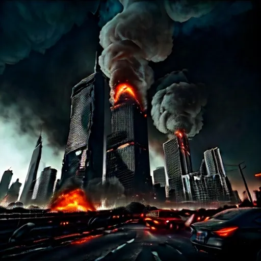 Prompt: A really badly destroyed city, skyscrapers are torn apart and on fire, destroyed cars laying everywhere, it is at night, no lights are on because the buildings are destroyed really badly