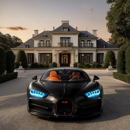 Prompt: Five black mix with red Bugatti Chiron Super Sport 300+ parking next to each other in a row in a massive yard of a luxurious and modern mansion. Sunset