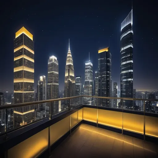 Prompt: modern and beautiful metropolis, (luxurious balcony), nighttime setting, (striking city skyline), illuminated skyscrapers glistening under the stars, vibrant yellow lights reflecting off glass buildings, deep navy blue sky, (tranquil atmosphere), ultra-detailed, with a sense of grandeur and elegance, (luxuriant ambiance), soft ambient lighting emphasizing architectural details. Lots of  extremely tall and modern skyscrapers with lights.