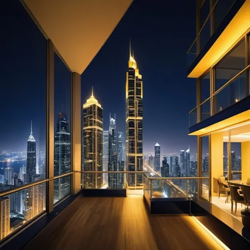 Prompt: modern and beautiful metropolis, (luxurious balcony), nighttime setting, (striking city skyline), illuminated skyscrapers glistening under the stars, vibrant yellow lights reflecting off glass buildings, deep navy blue sky, (tranquil atmosphere), ultra-detailed, with a sense of grandeur and elegance, (luxuriant ambiance), soft ambient lighting emphasizing architectural details. Lots of  extremely tall and modern skyscrapers with lights.