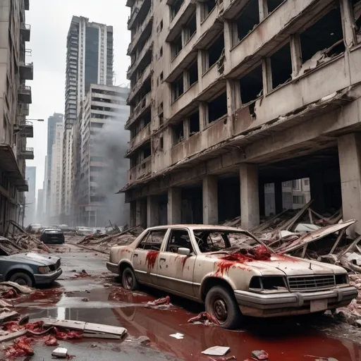 Prompt: Extremely destroyed city, badly destroyed skyscrapers, road, smashed buildings at the sides. Rotting human corpses all over, headless, entrails hanging out, terror, gore, blood, destroyed and crashed cars