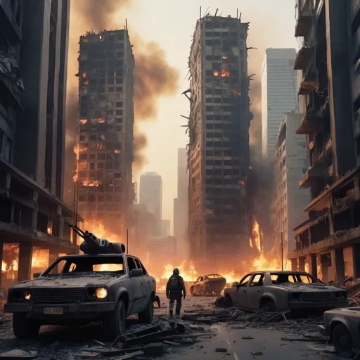 Prompt: A really badly destroyed city, skyscrapers are torn apart and on fire, destroyed cars laying everywhere, it is at night, no lights are on because the buildings are destroyed really badly, guys with masks and rifles walking around. A huge, destroyed tank in front of the picture 