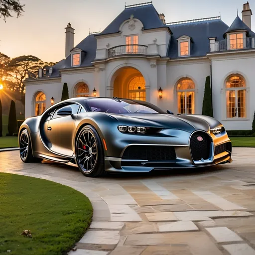 Prompt: Five black mix with silver Bugatti Chiron Super Sport 300+ parking next to each other in a row in a massive yard of a luxurious and modern mansion. Sunset