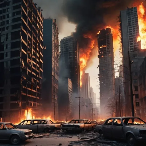 Prompt: A really badly destroyed city, skyscrapers are torn apart and on fire, destroyed cars laying everywhere, it is at night, no lights are on because the buildings are destroyed really badly