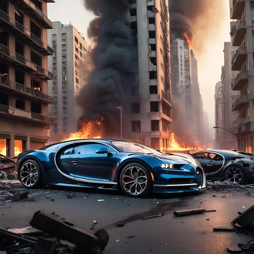 Prompt: A really badly destroyed city, skyscrapers are torn apart and on fire, destroyed cars laying everywhere, it is at night, no lights are on because the buildings are destroyed really badly, guys with masks and rifles walking around. A huge, destroyed Bugatti Chiron in front of the picture 