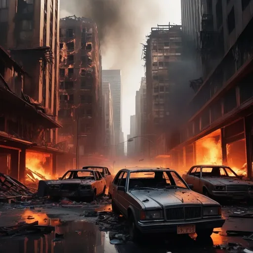 Prompt: A really badly destroyed city, skyscrapers are torn apart and on fire, destroyed cars laying everywhere, it is at night, no lights are on because the buildings are destroyed really badly