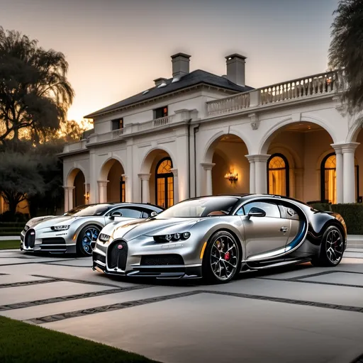 Prompt: Five black mix with silver Bugatti Chiron Super Sport 300+ parking next to each other in a row in a massive yard of a luxurious and modern mansion. Sunset