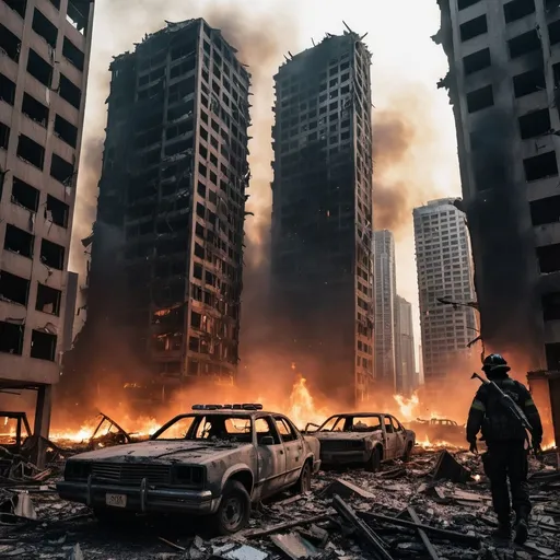 Prompt: A really badly destroyed city, skyscrapers are torn apart and on fire, destroyed cars laying everywhere, it is at night, no lights are on because the buildings are destroyed really badly, guys with masks and rifles walking around.