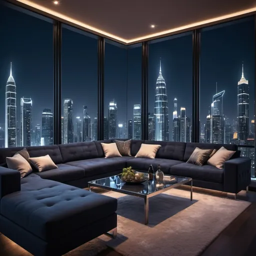 Prompt: modern and beautiful metropolis, (luxurious balcony with a set of couch and table), nighttime setting, (striking city skyline), illuminated skyscrapers glistening under the stars, vibrant neon lights reflecting off glass buildings, deep navy black sky, (tranquil atmosphere), ultra-detailed, with a sense of grandeur and elegance, (luxuriant ambiance), soft ambient lighting emphasizing architectural details. Lots of extremely tall and modern skyscrapers with lights. 