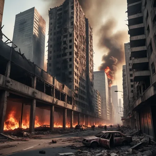 Prompt: Extremely destroyed city, badly destroyed skyscrapers, road, smashed buildings at the sides. Rotting human corpses all over the place, headless, entrails hanging out, terror, gore, bloody buildings, lots of skyscrapers. Fire burning all over, heavily armed people walking around.