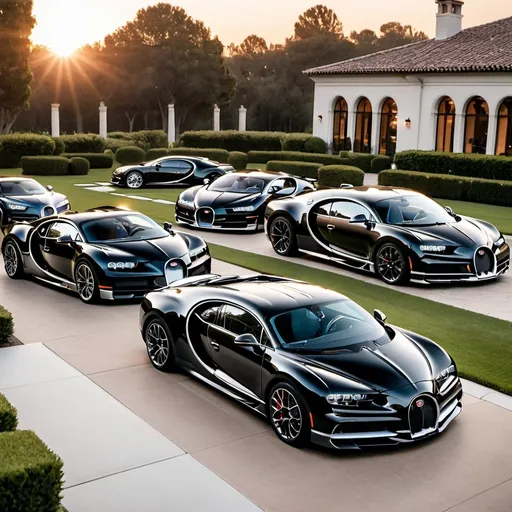 Prompt: Five black mix with silver Bugatti Chiron Super Sport 300+ parking next to each other in a row in a massive yard of a luxurious and modern mansion. Sunset