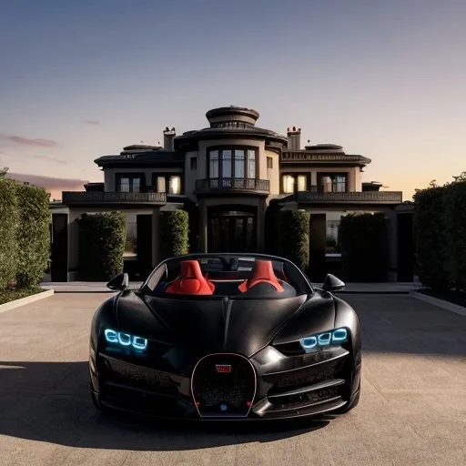 Prompt: Five black mix with red Bugatti Chiron Super Sport 300+ parking next to each other in a row in a massive yard of a luxurious and modern mansion. Sunset