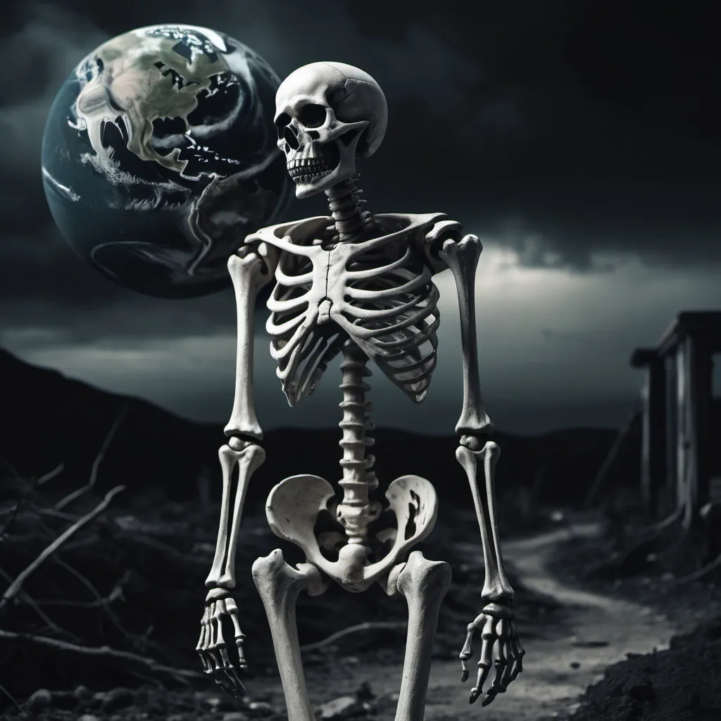 Prompt: Sad and depressing skeleton holding the world, dark and eerie atmosphere, desolate landscape, high quality, detailed skeletal structure, gloomy, depressing, eerie, dark tones, dramatic lighting